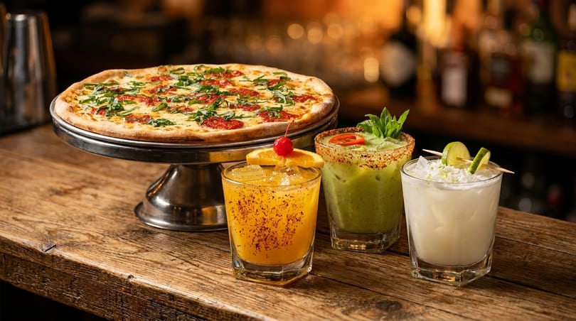 A pizza on a stand and three colorful cocktails on a rustic wooden bar.