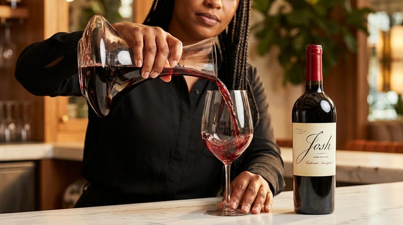 A person decanting red wine from a carafe into a glass next to a bottle of Josh Cellars Cabernet Sauvignon.